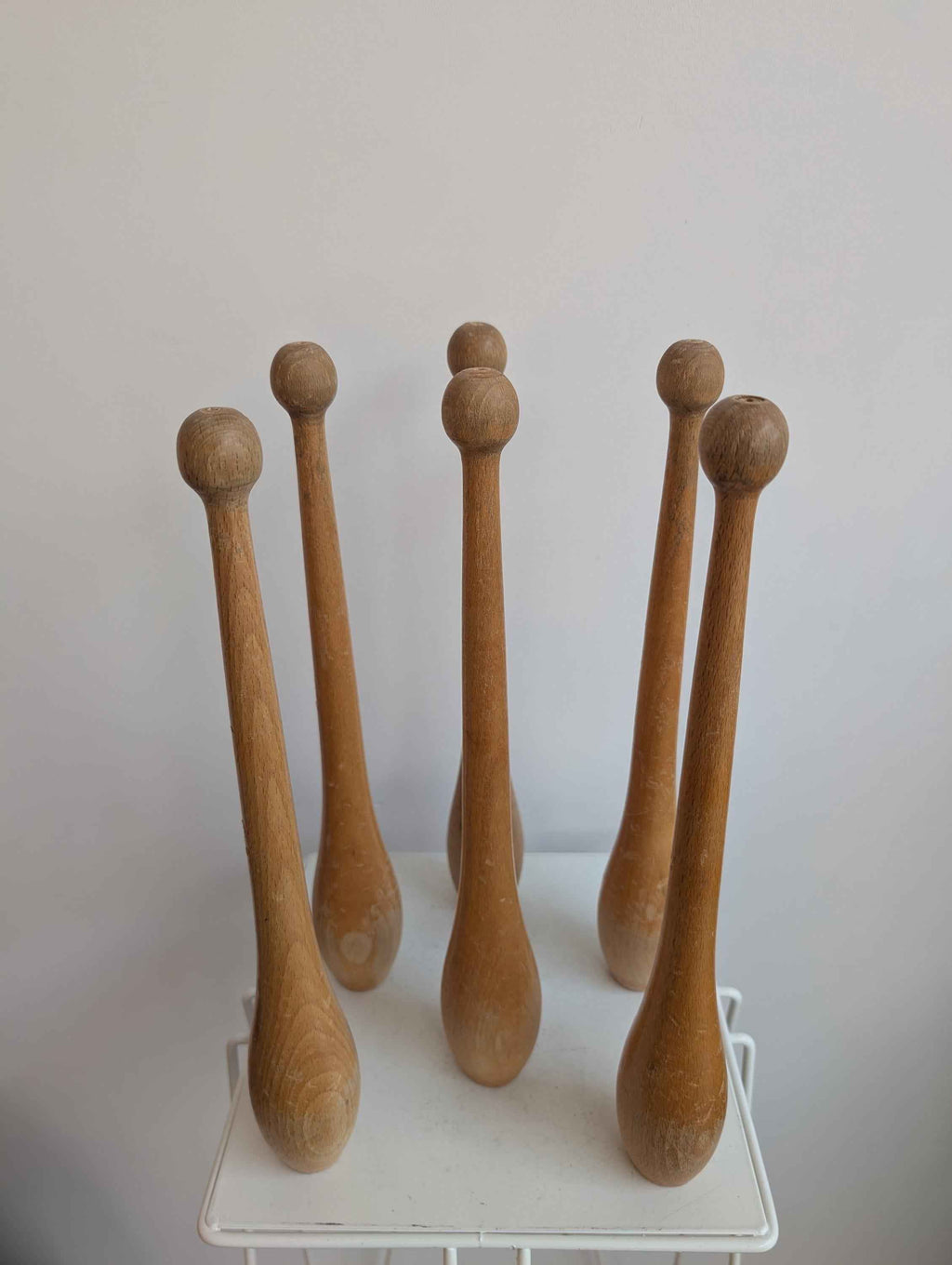 Set of 6 Vintage wooden juggling pin clubs from the 70/80s