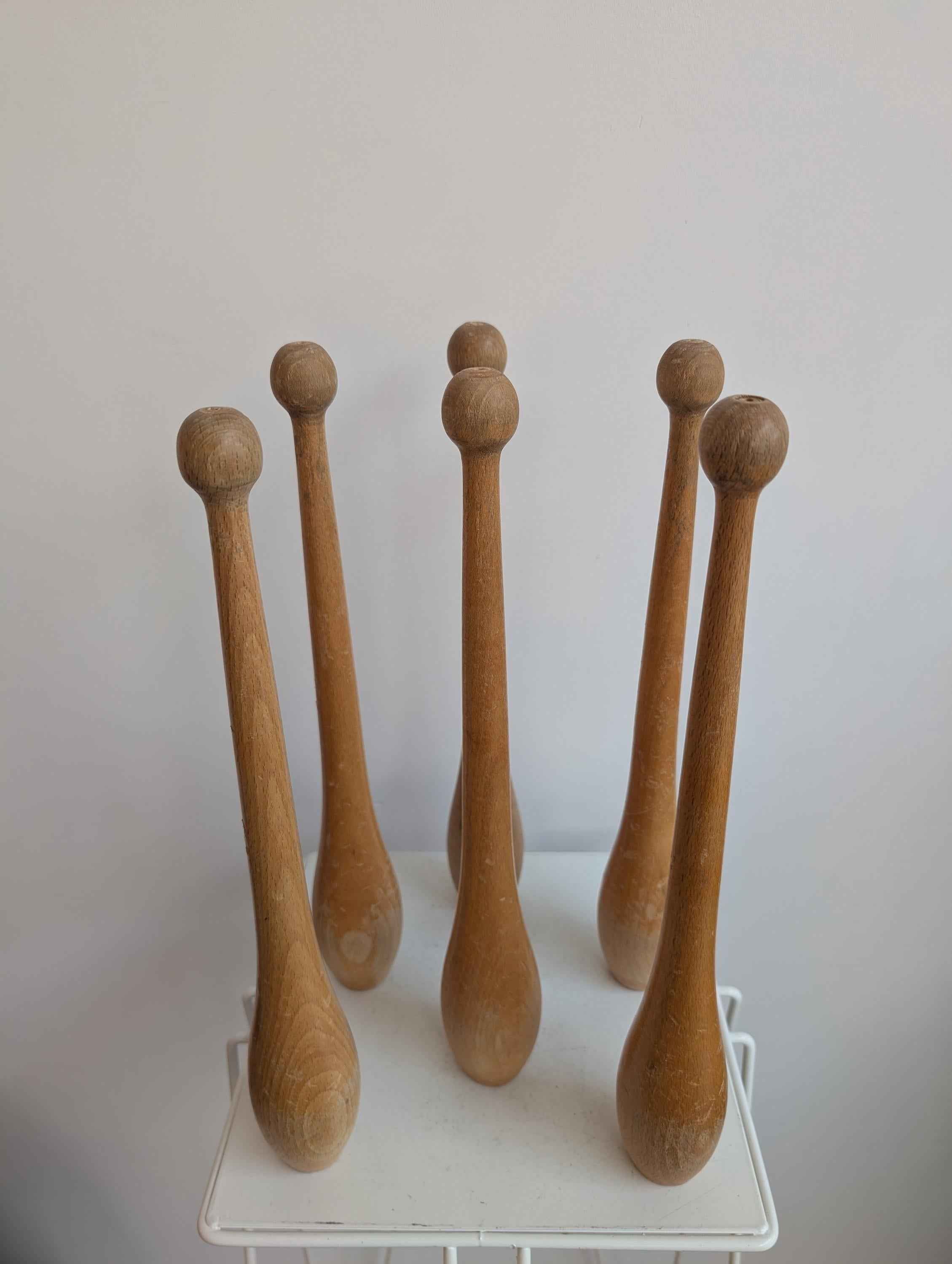 Set of 6 Vintage wooden juggling pin clubs from the 70/80s
