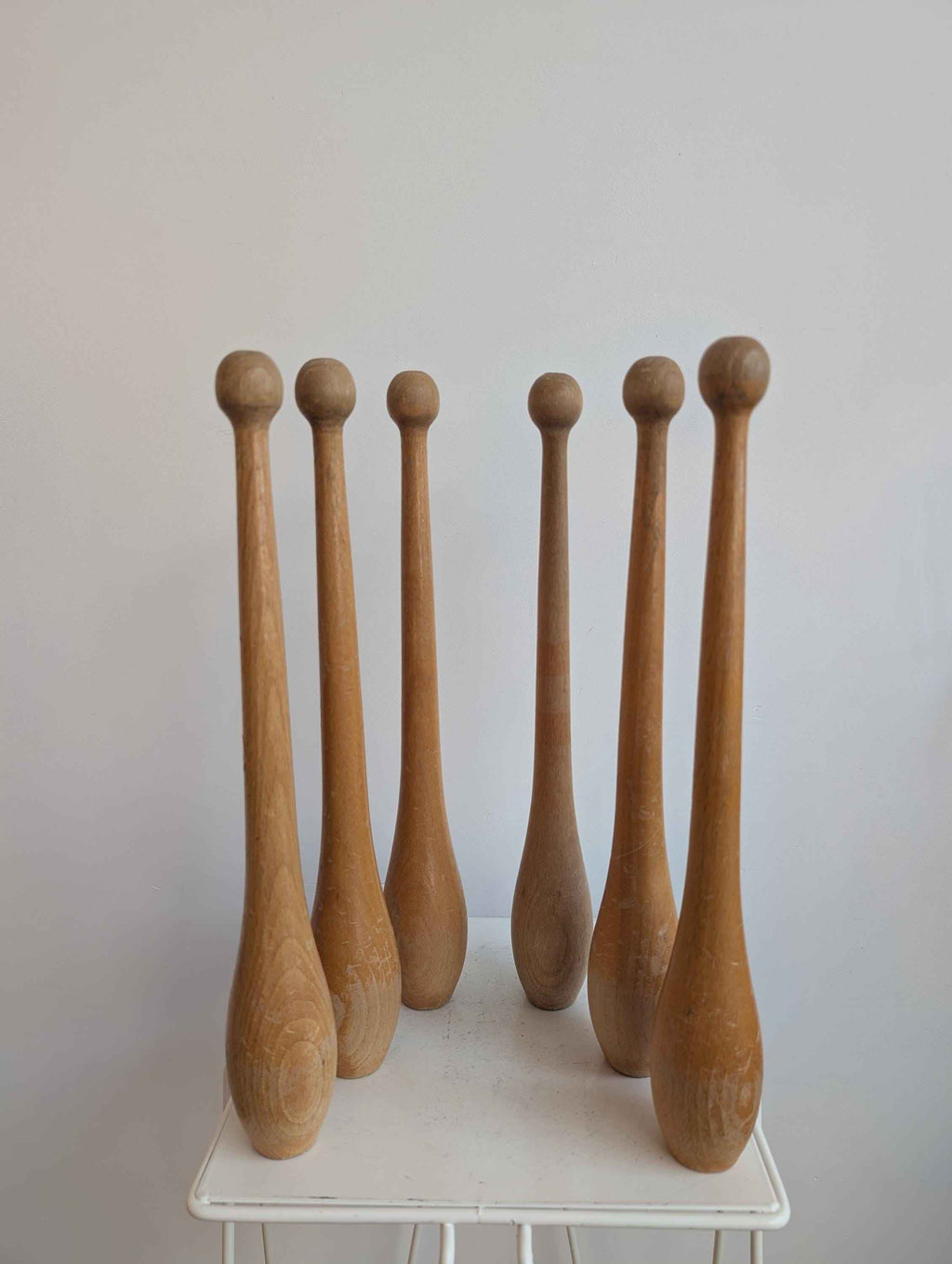 Set of 6 Vintage wooden juggling pin clubs from the 70/80s