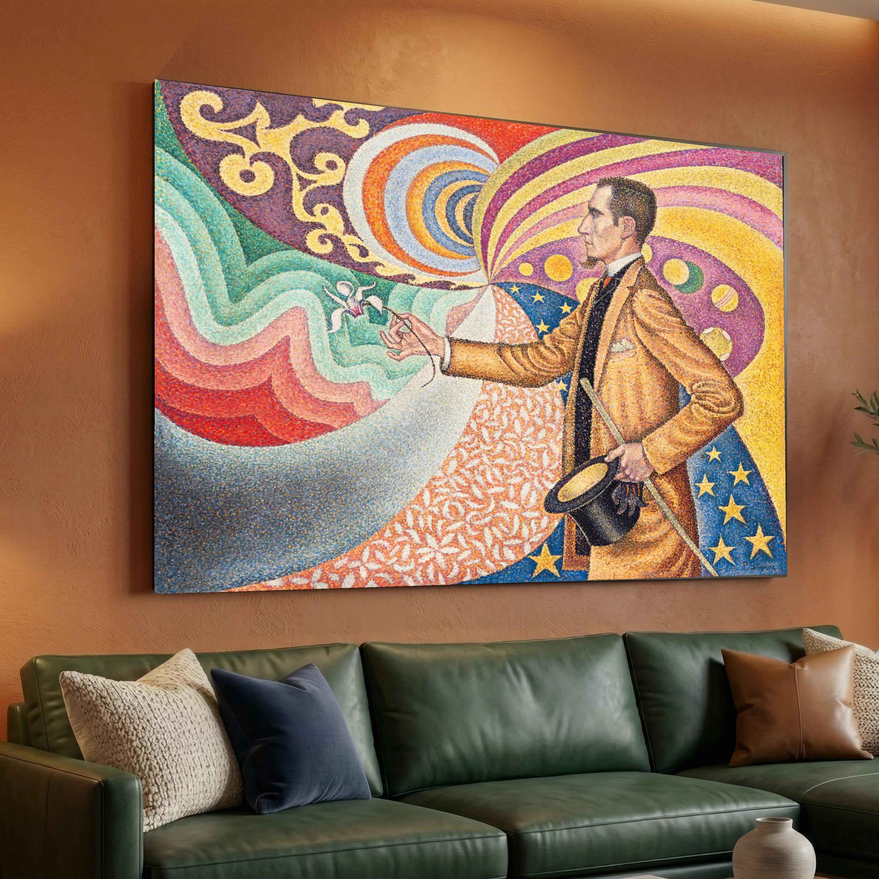 Dapper Magician with Top Hat and Flower, Surreal Psychedelic Canvas Art, Pointillism Style Wall Decor, Colorful Abstract Home Decoration