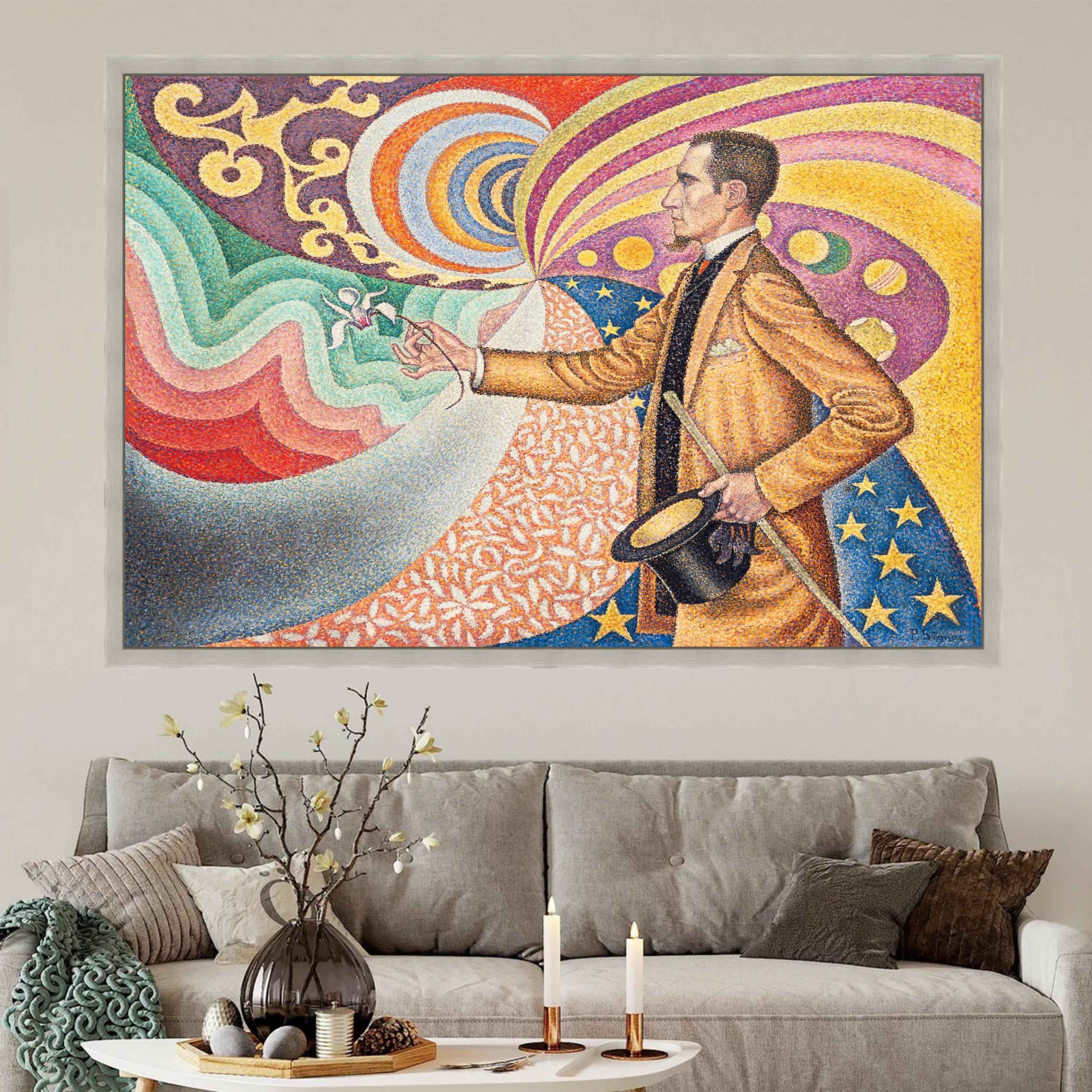 Dapper Magician with Top Hat and Flower, Surreal Psychedelic Canvas Art, Pointillism Style Wall Decor, Colorful Abstract Home Decoration