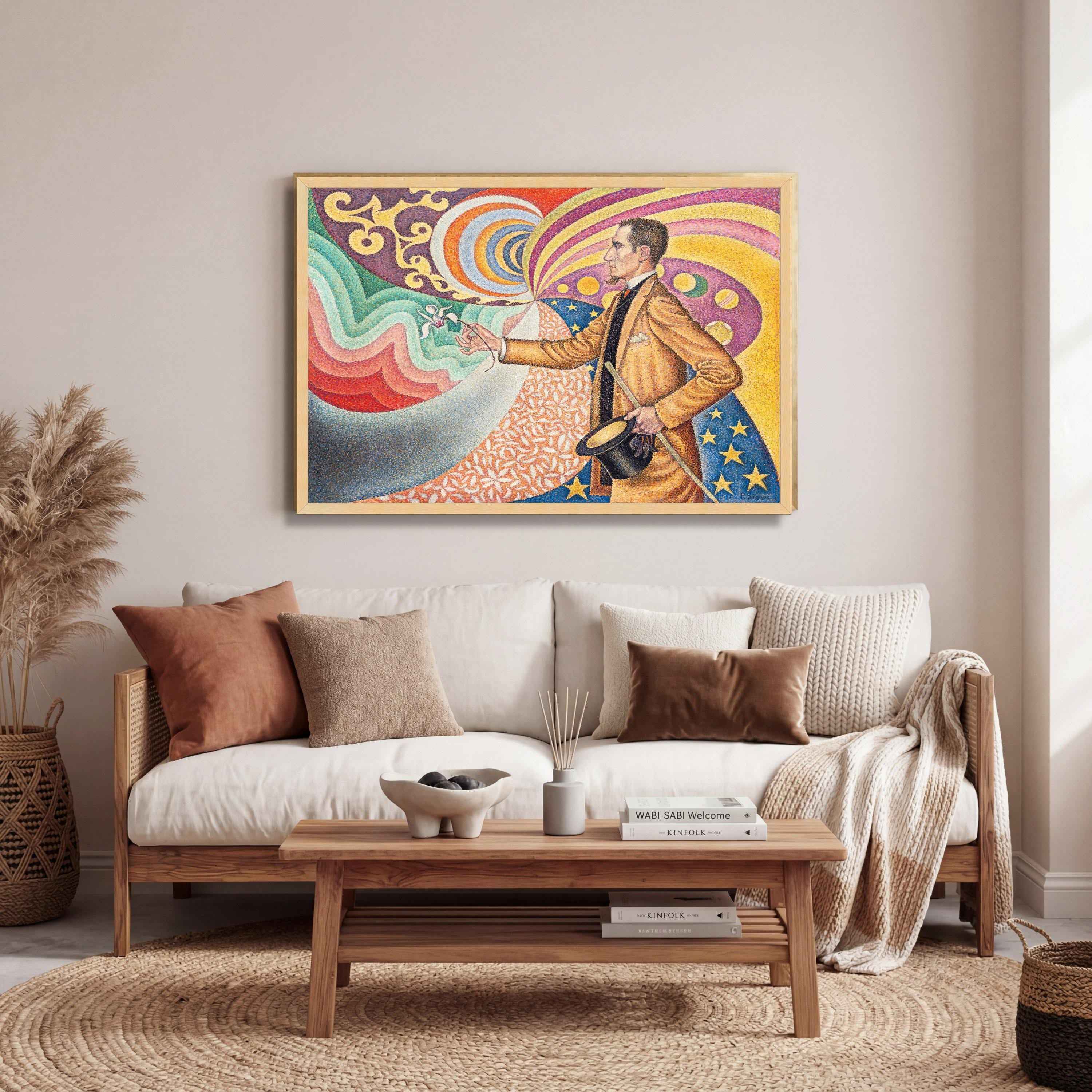 Dapper Magician with Top Hat and Flower, Surreal Psychedelic Canvas Art, Pointillism Style Wall Decor, Colorful Abstract Home Decoration