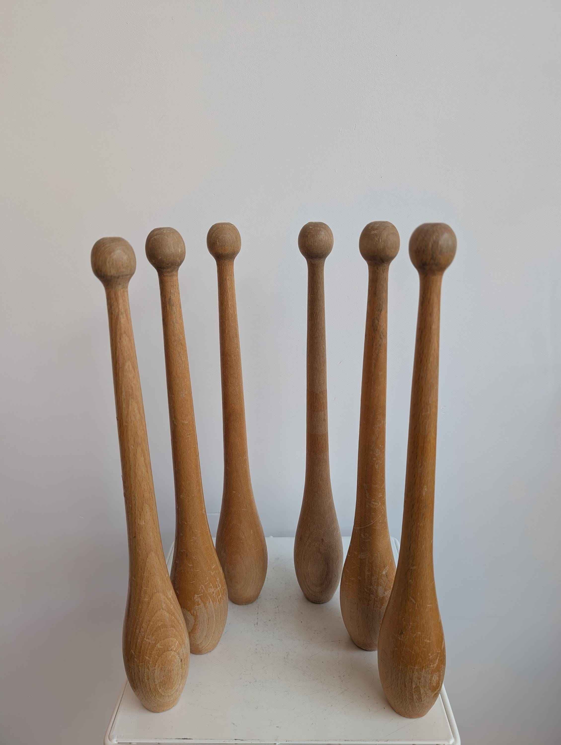 Set of 6 Vintage wooden juggling pin clubs from the 70/80s