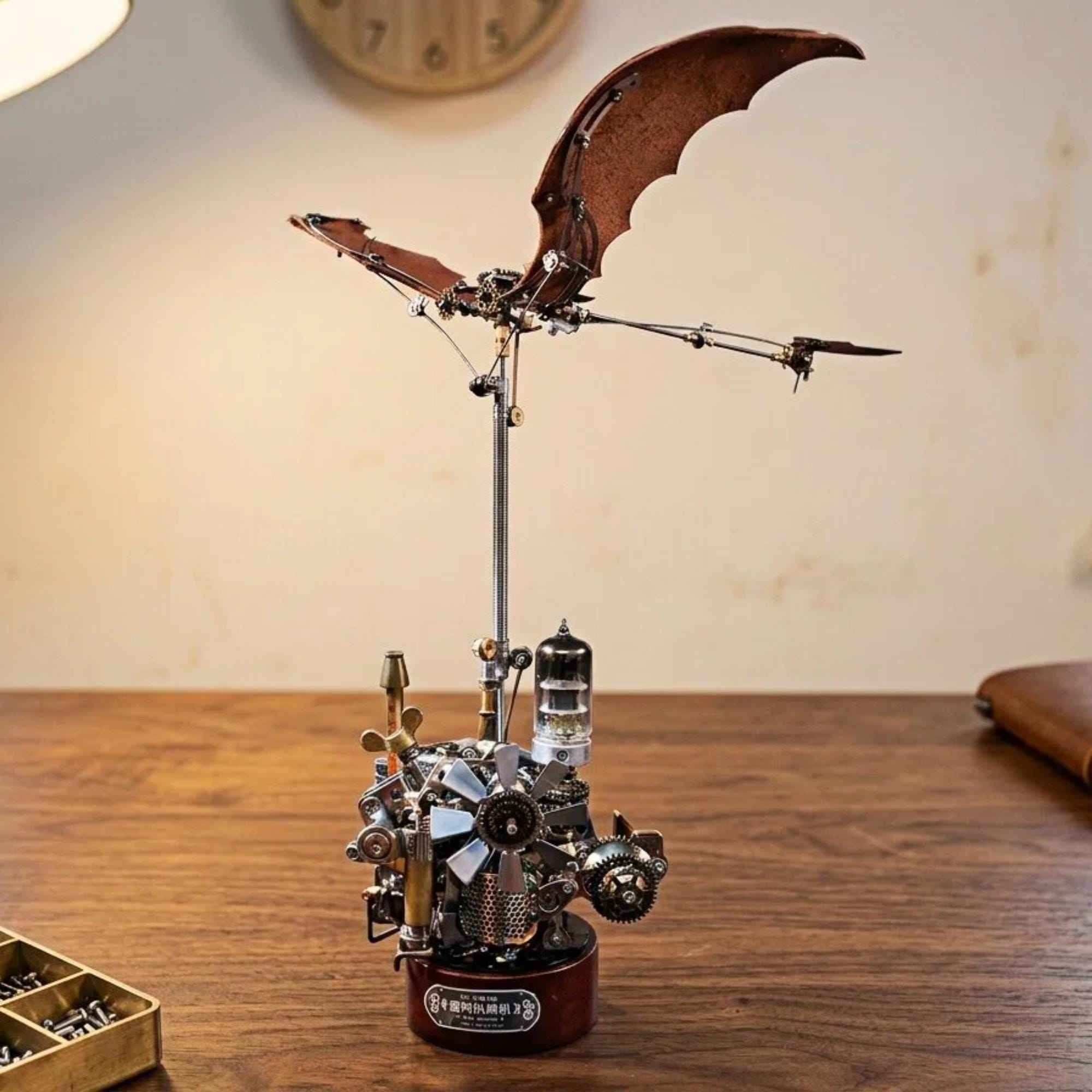 Steampunk Ornithopter Automaton, Mechanical Flying Machine Sculpture, Kinetic Desk Object