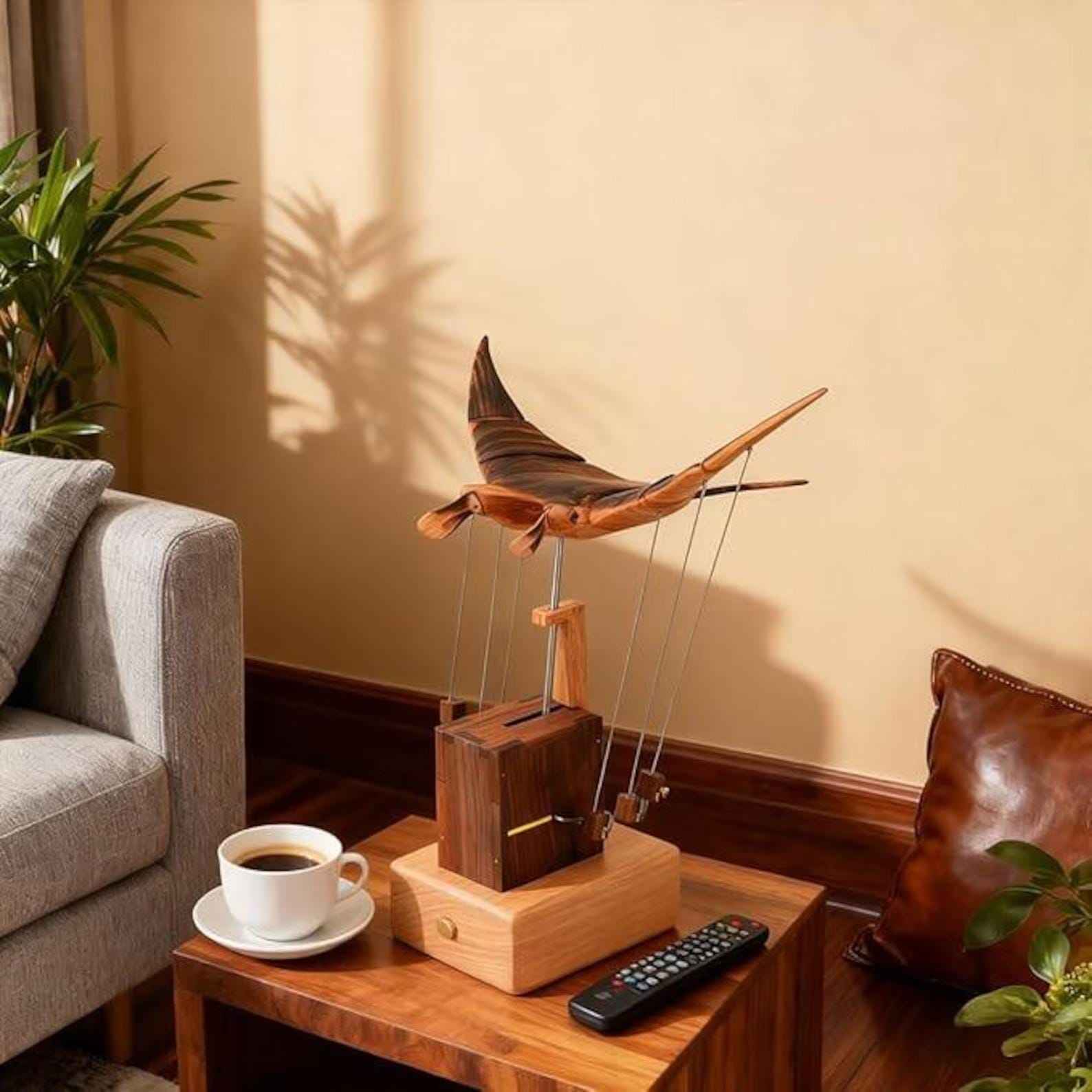 Flying Manta Ray Automata – Wooden Kinetic Sculpture | Mechanical Wood Art for Home Décor