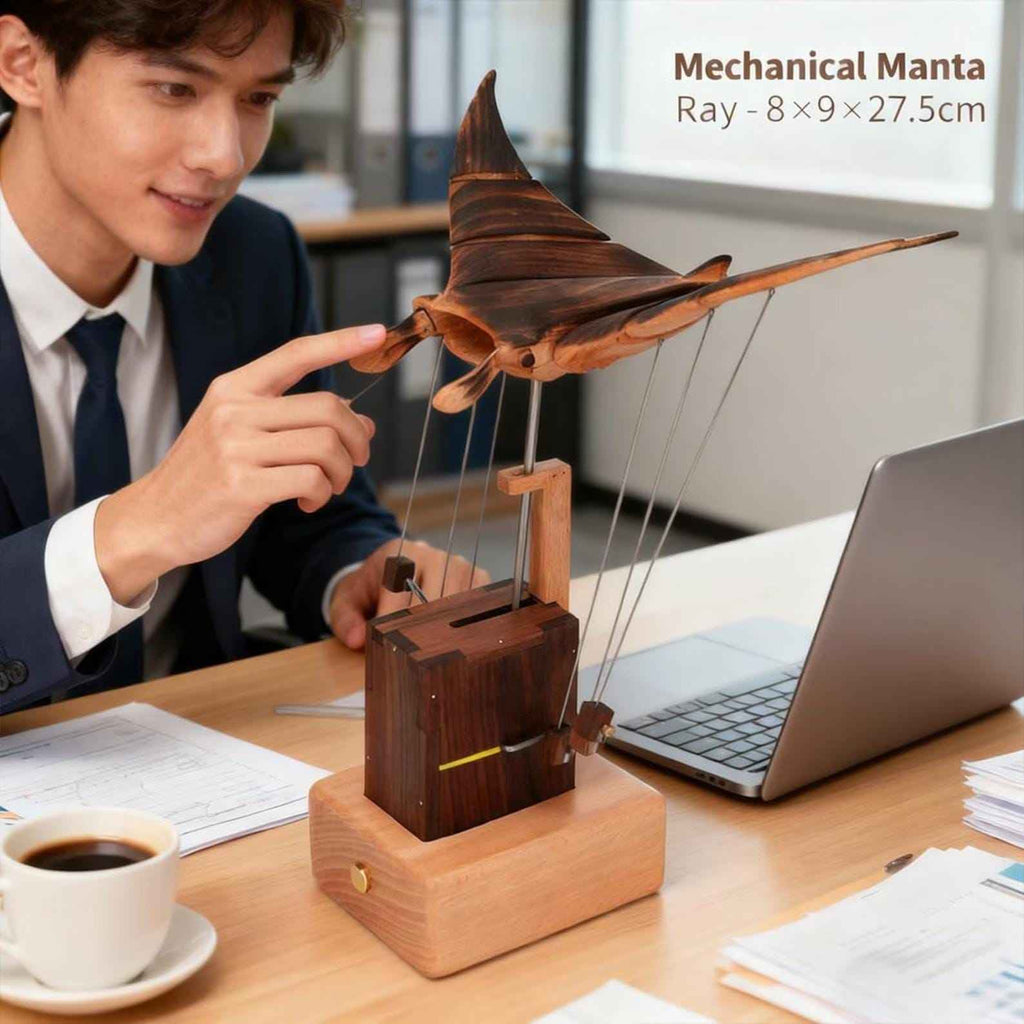 Flying Manta Ray Automata – Wooden Kinetic Sculpture | Mechanical Wood Art for Home Décor