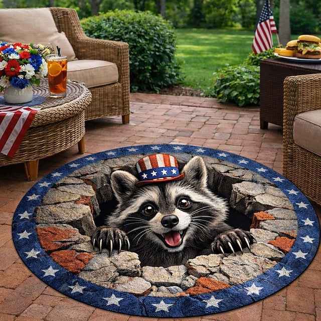 U.S. 250th Anniversary Raccoon Round Area Rug 2D Flat Print 3D Visual Illusion Wearing USA Hat Breaking Through Stars-Stone Border Perfect Home Decor