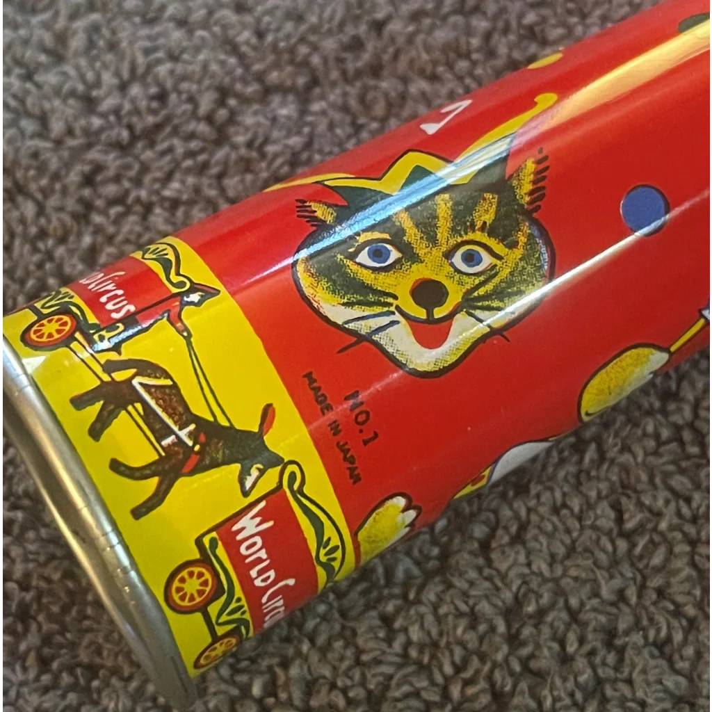 Large NOS 1960s World Circus Tin Horn Noisemaker 🎪 Colorful Clowns Animals Balloons