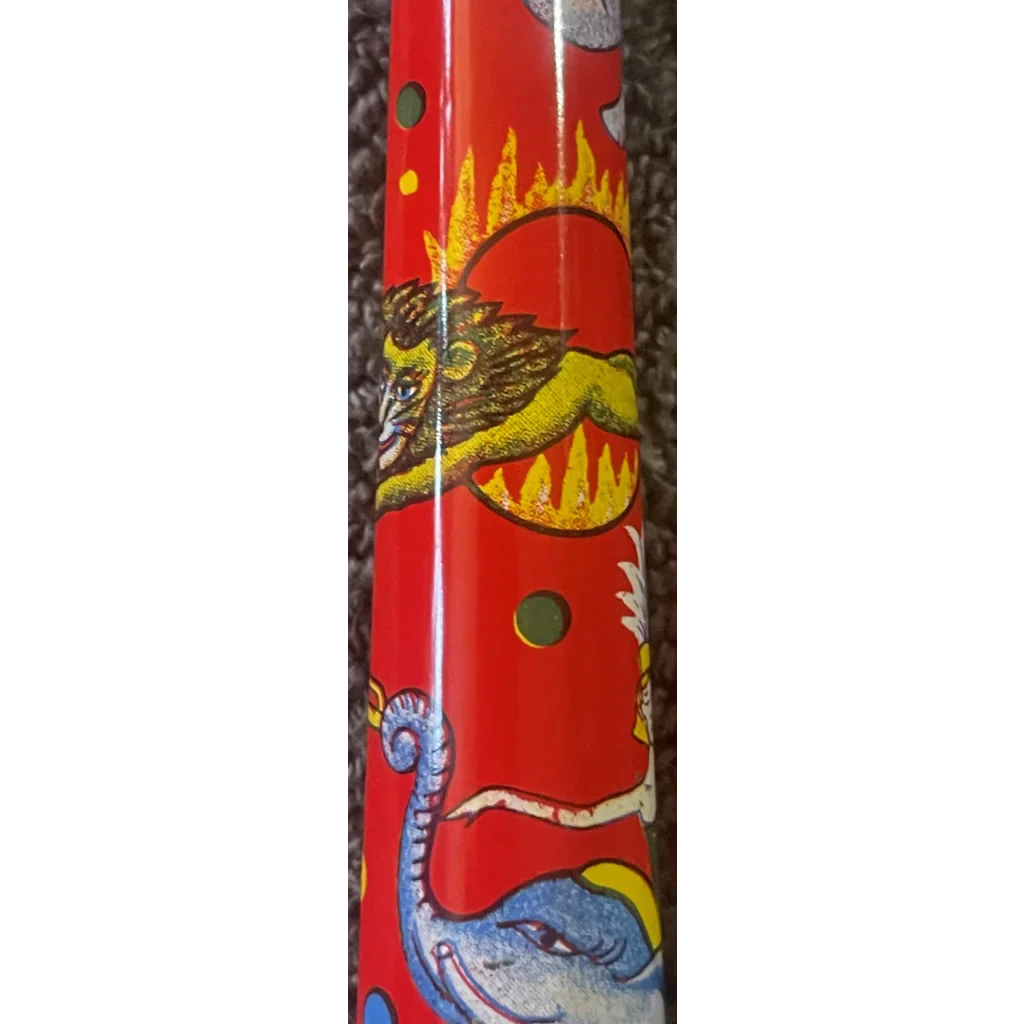 Large NOS 1960s World Circus Tin Horn Noisemaker 🎪 Colorful Clowns Animals Balloons