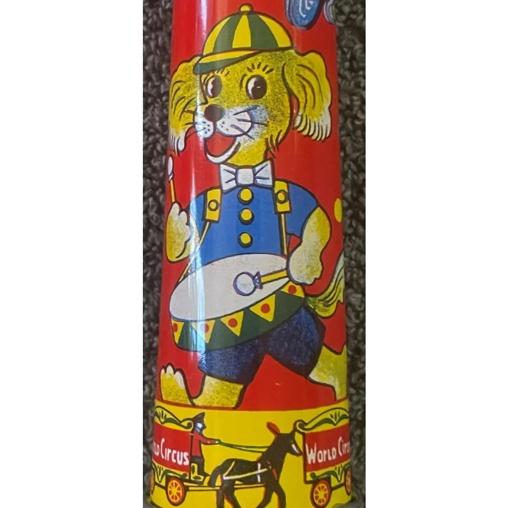 Large NOS 1960s World Circus Tin Horn Noisemaker 🎪 Colorful Clowns Animals Balloons