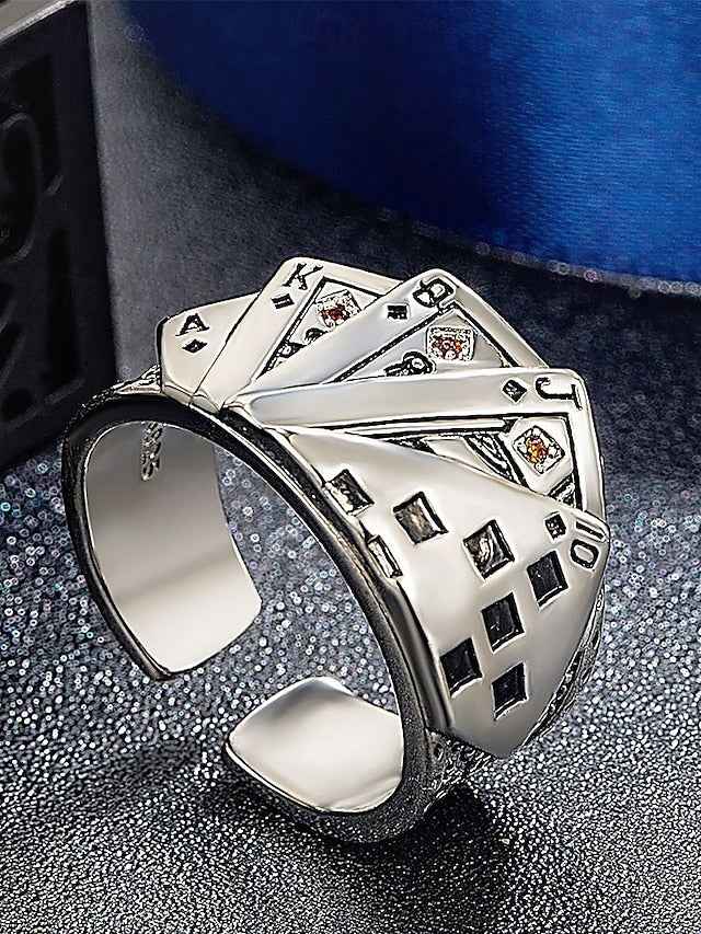 Men's Alloy Poker Ring – Vintage Playing Card Design Adjustable Band for Gothic, Punk Style, Party and Casual Wear