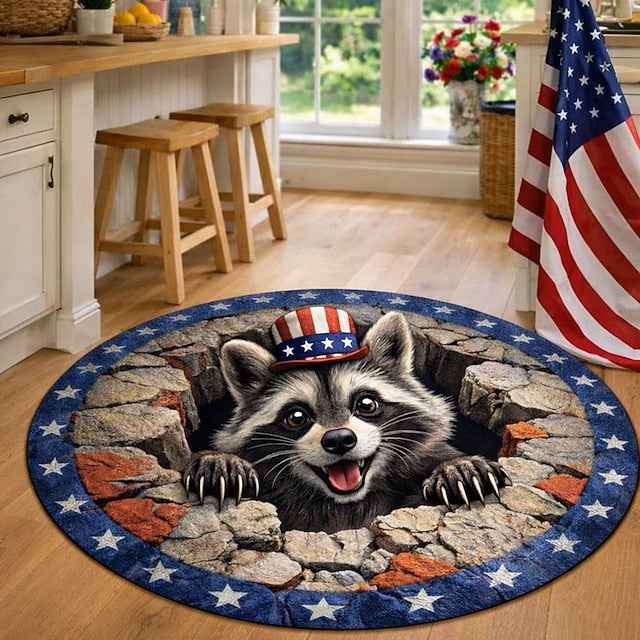U.S. 250th Anniversary Raccoon Round Area Rug 2D Flat Print 3D Visual Illusion Wearing USA Hat Breaking Through Stars-Stone Border Perfect Home Decor