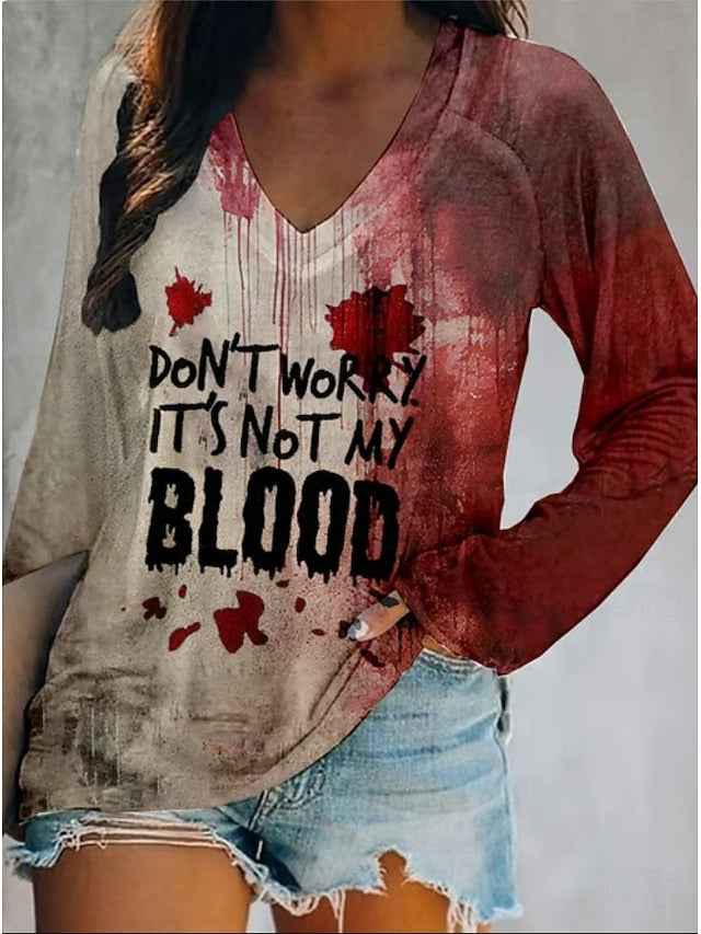 Women's T Shirt Bloodstain V Neck Long Sleeve Graphic Casual Vintage Stylish Western Regular Tops Daily Weekend Vacation Wear Print Wine Light Brown Spring Fall Witch