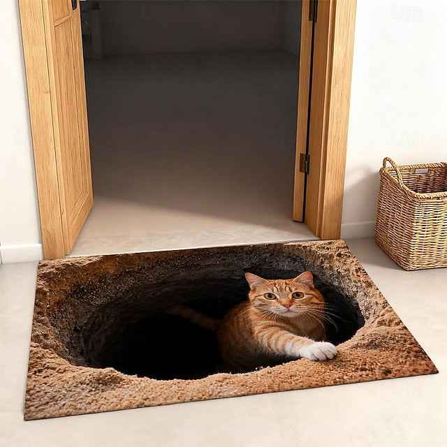 Ginger Cat Peeking from Hole 3D Optical Illusion Doormat 2D Flat Print Rug for Whimsical Entryway Decor and Playful Welcome Mat