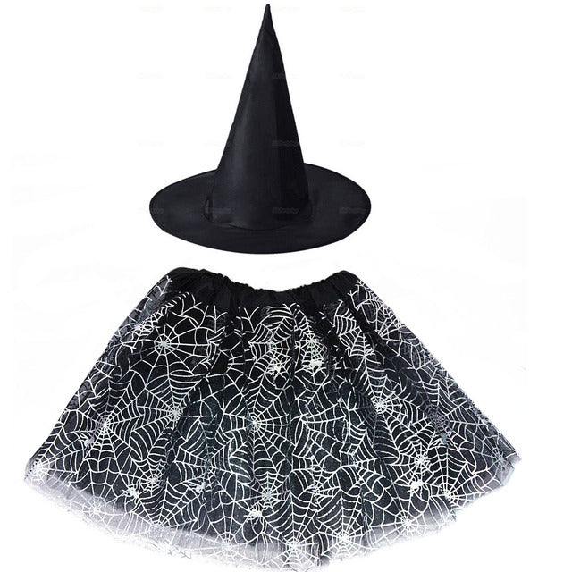 Spiderweb Tutu Skirt and Witch Hat Costume Options