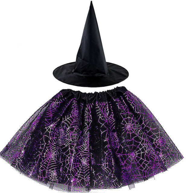 Spiderweb Tutu Skirt and Witch Hat Costume Options