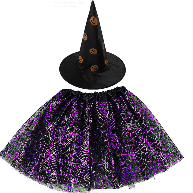 Spiderweb Tutu Skirt and Witch Hat Costume Options