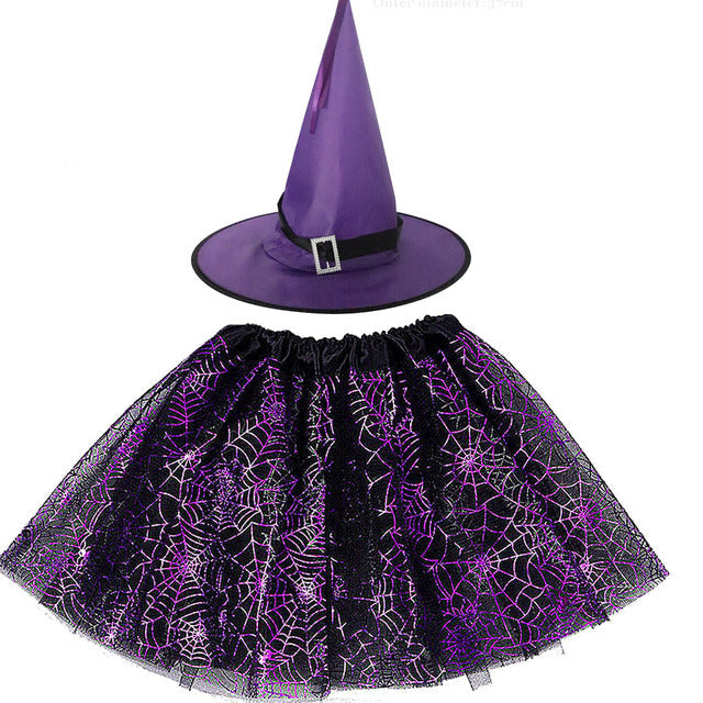 Spiderweb Tutu Skirt and Witch Hat Costume Options
