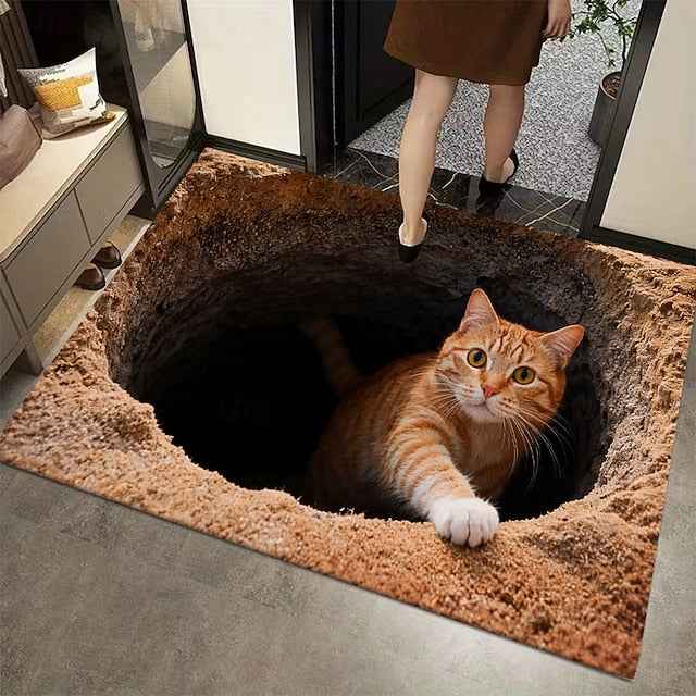 Ginger Cat Peeking from Hole 3D Optical Illusion Doormat 2D Flat Print Rug for Whimsical Entryway Decor and Playful Welcome Mat