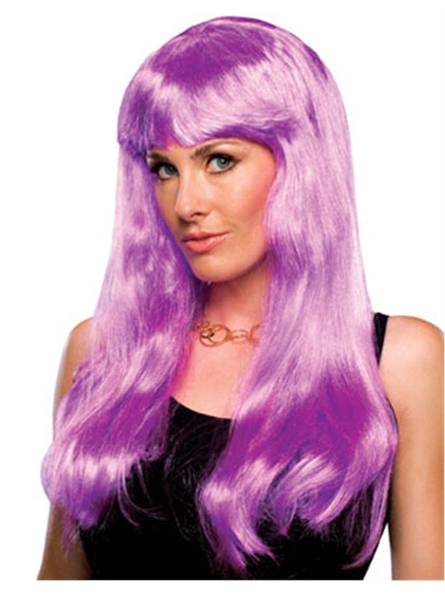 Women's Long Magenta Purple Straight Wavy Glamour Wig With Bangs by HalloweenStore.com