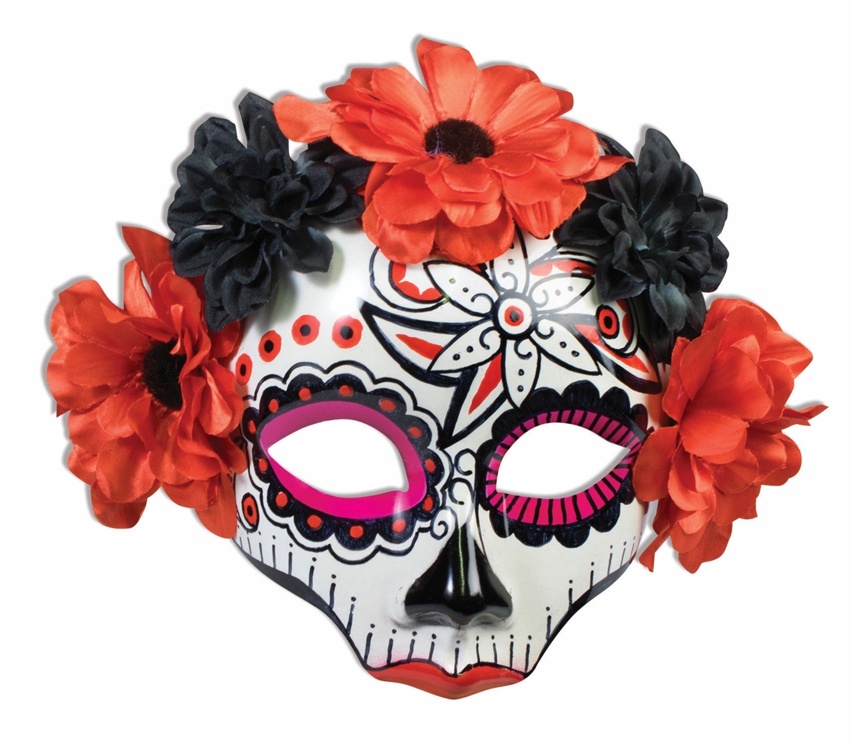 Day Of Dead Skull Red and Black Flower Face Eye Mask by HalloweenStore.com