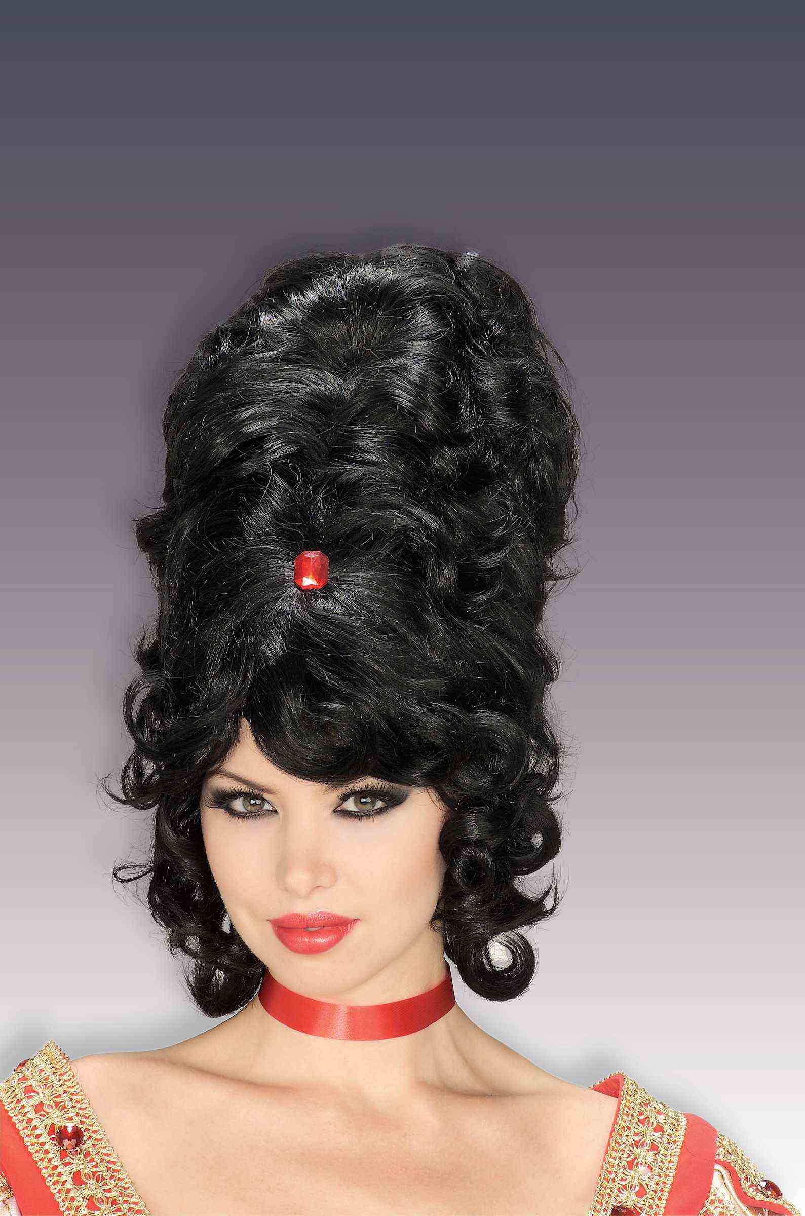 Tall Black Beehive Gogo Women's Wig With Red Jewel by HalloweenStore.com