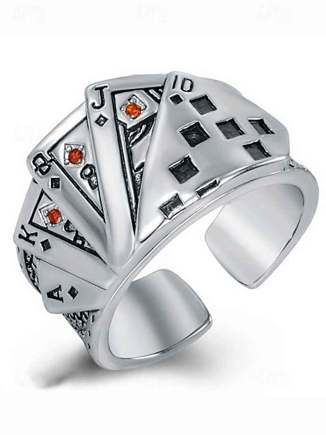 Men's Alloy Poker Ring – Vintage Playing Card Design Adjustable Band for Gothic, Punk Style, Party and Casual Wear