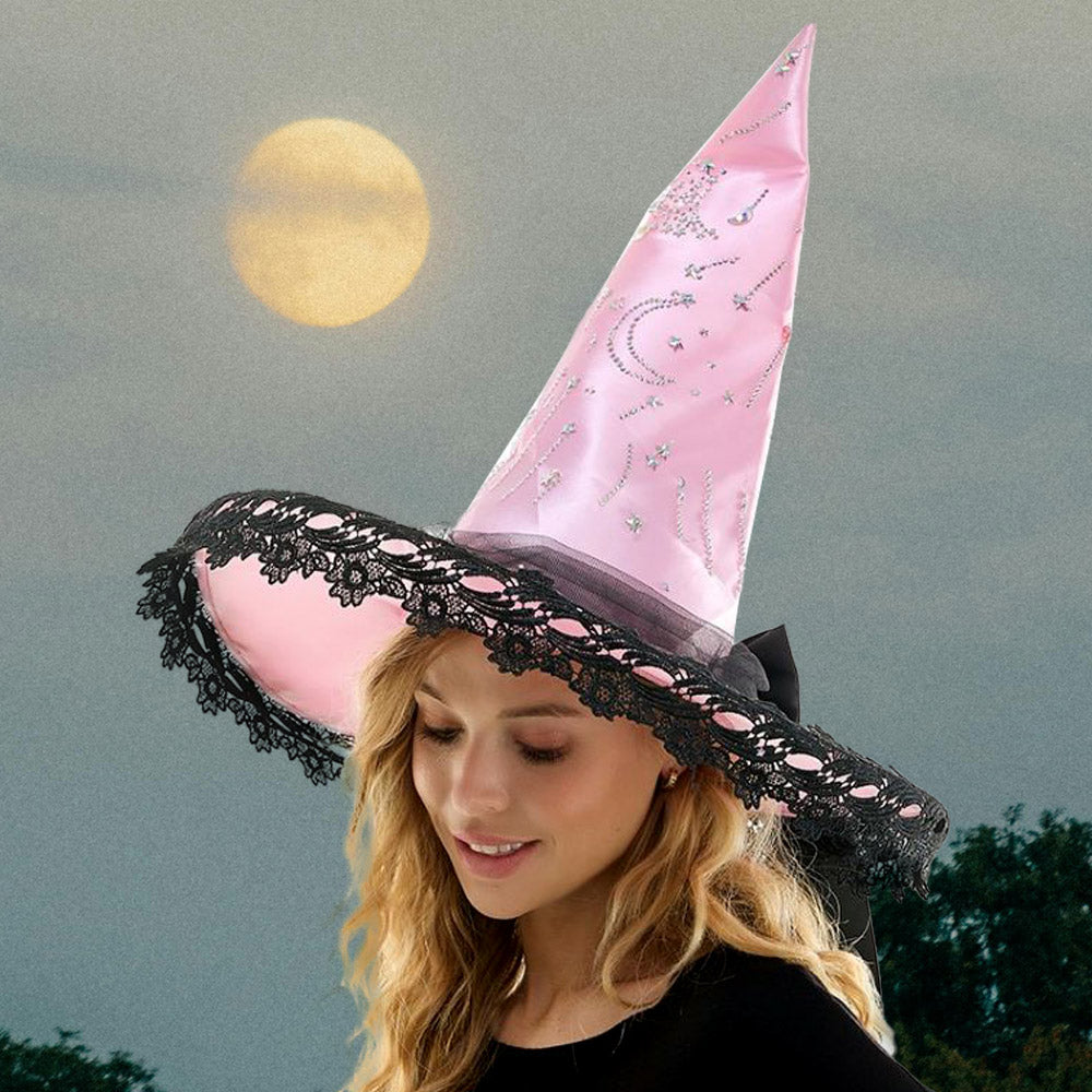 Whimsical Lace Trim Starry Rhinestone Studded Halloween Witch Hat by Madeline Love